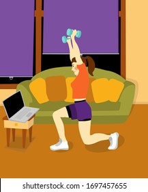 Young woman doing  squats using dumbbells in front of a laptop in her room. Concept of home fitness. Illustration in flat style of girl doing sport.
