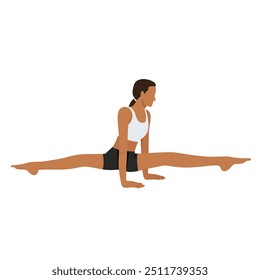 Jovem mulher fazendo Pose Straddle Lift ou exercício de ioga Hasta Upavistha Konasana. Ilustração de vetor plano isolada no plano de fundo branco