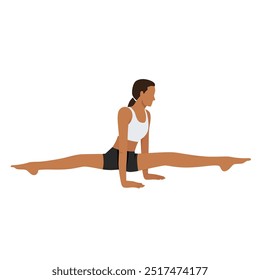 Jovem mulher fazendo Pose Straddle Lift ou exercício de ioga Hasta Upavistha Konasana. Ilustração de vetor plano isolada no plano de fundo branco