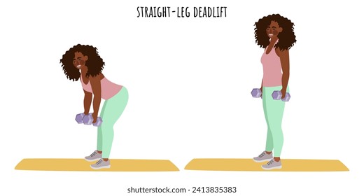 Young woman doing straight-leg deadlift exercise. Feminism, self acceptance and liberty. Active lifestyle. Sport, wellness, workout, fitness. Flat vector illustration