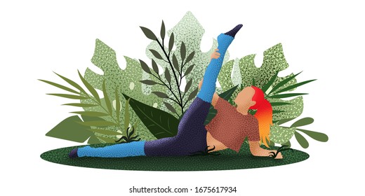 Young woman is doing stretching on the nature. Girl performing aerobics exercise and morning meditation. Physical and spiritual practice. Vector illustration in flat cartoon style.