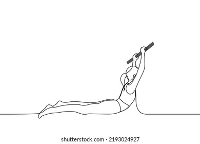 young woman doing stretching on the simulator - one line drawing vector. concept of slender woman is training lying on the floor with her stomach down, her hands raise her torso
