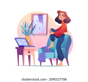 Mujer joven haciendo estiramientos mientras trabaja, chica estira la pierna durante el descanso, personaje plano de caricatura. Dolor vectorial en el pie, trabajo haciendo ejercicios para reducir el estrés y el cansancio, trabajo en casa o en la oficina