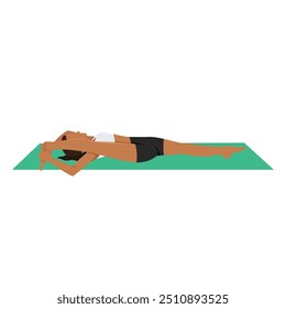 Jovem mulher fazendo supina divide Pose ou Supta Trivikramasana exercício de ioga. Ilustração de vetor plano isolada no plano de fundo branco