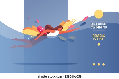 Young woman doing swimming activity in pool. Healthy lifestyle landing page or web banner concept. Flat illustration good for sport athlete