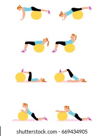 Young woman doing swiss ball workout. Fit ball exercises set. Vector