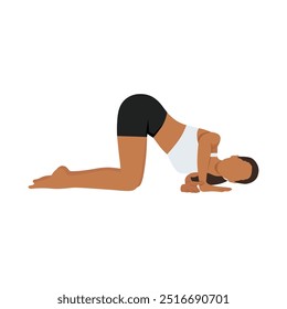 Young woman doing Thread the Needle Pose, Parsva Balasana, Urdhva Mukha Pasasana yoga exercise. Flat vector illustration isolated on white background