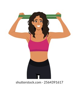 Young woman doing toned arm stretch with resistance band. Flat vector Character Illustration