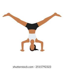 Jovem mulher fazendo Tripod Headstand Pose Wide Legs ou Sirsasana Ii Konasana. Ilustração de vetor plano isolada no plano de fundo branco