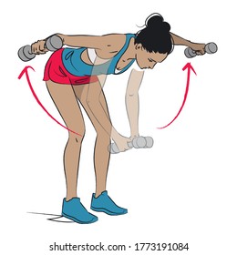 young woman doing upper back exercise - bent over dumbell fly /flyes- colour series