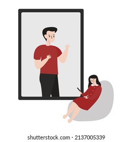 Young woman doing a video call with her boyfriend. Flat vector illustration. Stay home concept.