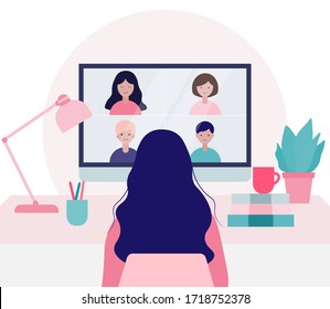 Young woman doing a video conference with colleagues in computer. Online meeting via group call.Online education concept in quarantine.Flat vector illustration. Stay home concept.