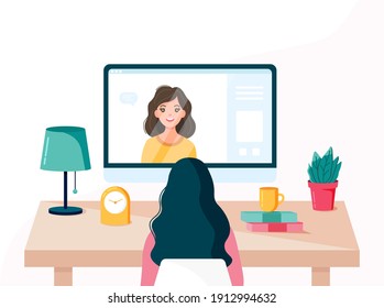 Young woman doing a video conference with a colleague in computer. Online meeting via group call.Online education concept in quarantine.Flat vector illustration. Stay home concept.