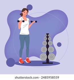 Young woman doing weight lifting in gym vector illustration. Woman in sportwear with dumbbells performing fitness exercises. Wellness, sport activities, healthy lifestyle