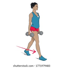 young woman doing weights exercise - farmer carry walk with dumbbells - colour vector series