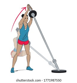 young woman doing weights exercise - barbell landmine front squat to press - colour vector series