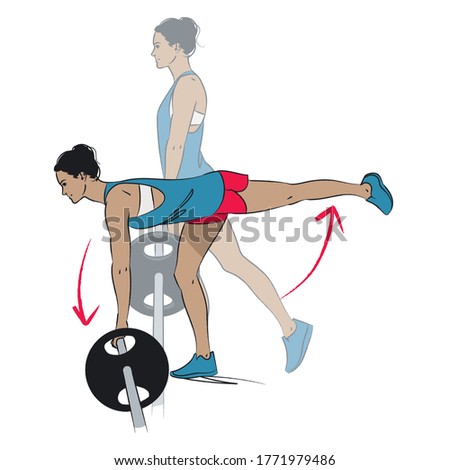 young woman doing weights exercise - single leg romanian deadlift holding one end of weighted barbell - colour vector series
