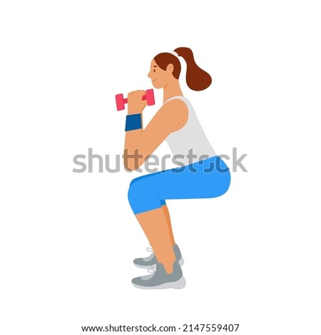 Young woman doing workout, lifting dumbbell. Flat vector illustration, islated, side view