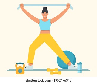 Young woman doing workout on a mat with sports equipment. Yoga, pilates and fitness. Healthy and active lifestyle. Flat vector illustration.