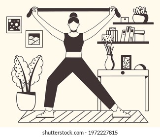 Young woman doing workout on a mat at home. Yoga, pilates and fitness. Healthy and active lifestyle. Flat vector illustration isolated on white background. Sketch design.