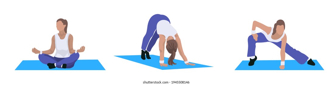 Young woman doing yoga. Active and healthy lifestyle. Set of illustration isolated on white background.