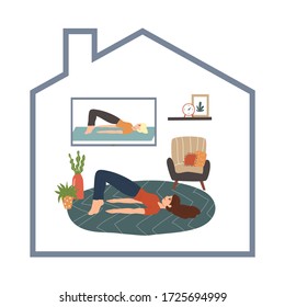Young woman doing yoga activity at home. Yoga, fitness, stretching online class. COVID-19 virus outbreak, social distancing, sport exercise at Home. Flat cartoon vector illustration.