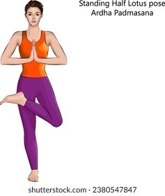 Young woman doing yoga Ardha Padmasana. Standing Half Lotus pose or Half Lotus Tree pose. Intermediate Difficulty. Isolated vector illustration.