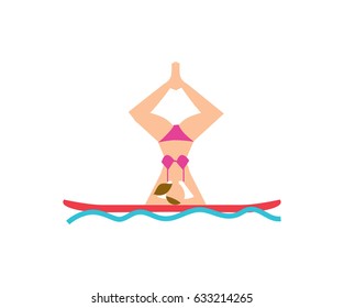 Young woman doing yoga asana on board vector illustration isolated on white background. Fitness on water, sport training, healthy lifestyle in flat design.