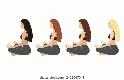 Young woman is doing Yoga. Blonde, brunette, redhead and brown-haired on a white background. A minimalist and elegant image. Character in Faceless style. Vector illustration.