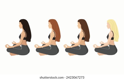 Young woman is doing Yoga. Blonde, brunette, redhead and brown-haired on a white background. A minimalist and elegant image. Character in Faceless style. Vector illustration.