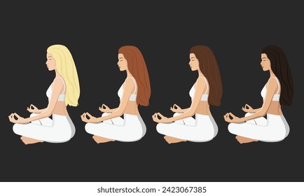 Young woman is doing Yoga. Blonde, brunette, redhead and brown-haired on a black background in white clothes. A minimalist and elegant image. Character in Faceless style. Vector illustration.