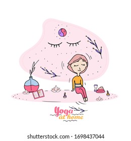 Young woman doing yoga calmness and relax. Physical and spiritual practice at home. Soothing interior, aroma candles, Yin and Yang. Hand drawn vector.