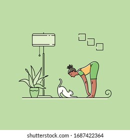 Young woman doing yoga with cat 
 at her apartment. Vector illustration. 