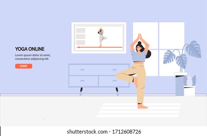 A young woman doing yoga in a cozy room with a modern interior, the concept of online yoga, home fitness and stay at home. Flat style vector illustration. Online exercises live broadcast.