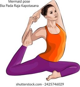 Young woman doing yoga Eka Pada Raja Kapotasana. Mermaid pose. Intermediate Difficulty. Isolated vector illustration.