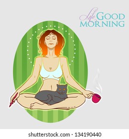 Young woman doing yoga exercise with cat