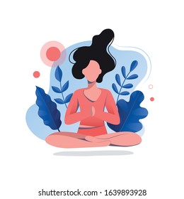 Young woman doing yoga exercise. Women doing yoga breathing exercise illustration in vector. Healthy lifestyle theme. Flat vector illustration