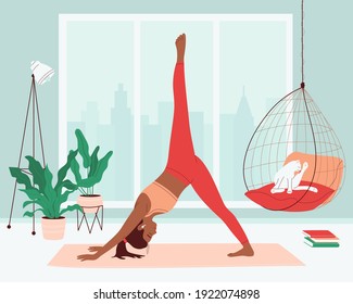 Young woman doing yoga exercise, stretching on the mat at home. Black female character practicing meditation at living room with plants. Concept of indoor sport activities. Flat vector illustration.