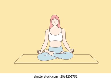 Young woman doing yoga exercise at home, relaxation concept, exercising fitness. Hand drawn style vector design illustrations.