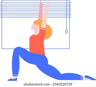 Young woman doing yoga exercise at home stretching body in warrior pose with arms raised up near window blinds, healthy lifestyle and wellness concept