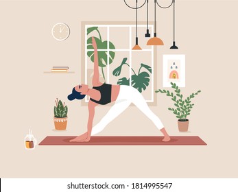 Young woman doing yoga exercises, practicing meditation and stretching on the mat. Female character practicing in yoga studio or home. Trendy flat vector illustration.