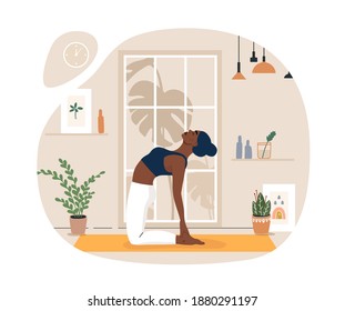 Young woman doing yoga exercises, practicing meditation on lotus pose on the mat. Black female character practicing in yoga studio or home. Trendy flat vector illustration.