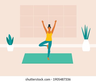 Young woman doing yoga exercises, meditating, stretching on the yoga mat. Female character practicing yoga at home or in yoga studio. Colorful modern vector illustration in cartoon flat style