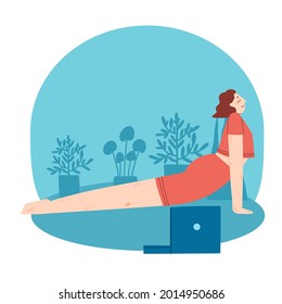 Young woman doing yoga exercises with video course at home. Cozy room interior background with laptop, plants. Flat vector illustration.