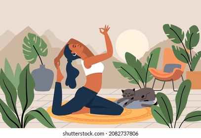 Young woman doing yoga exercises and practicing meditation vector. Female character outdoor