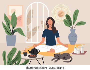 Young woman doing yoga exercises and practicing meditation vector. Female character in home interior