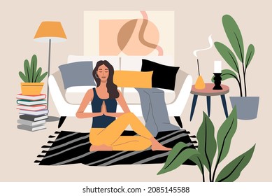 Young woman doing yoga exercises and practicing meditation vector. Female character in home interior