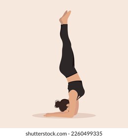 Young woman doing yoga exercises and demonstrating  yoga asana  on light background. Flat vector illustration.