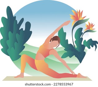 Young woman doing yoga exercises, practicing meditation and stretching on the mat. Physical and spiritual practice. Vector illustration in flat cartoon style.