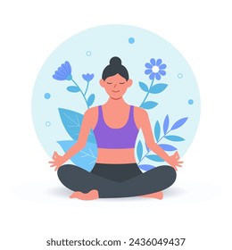 Young woman doing yoga exercises, practicing meditation on lotus pose, Woman sitting with a flower illustration in the background, good mental health yoga lifestyle and selfcare vector